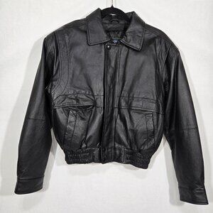 RARE Vintage Y2K 90s HIND LEATHER Heavy Thick BLACK Bomber JACKET Women Sz.8-10